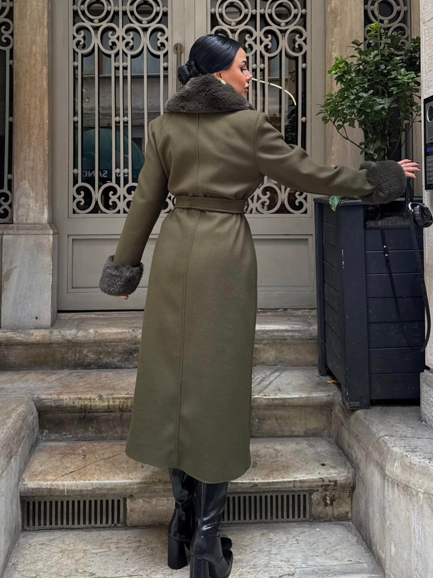 Leather Trench Fur Collar Coat