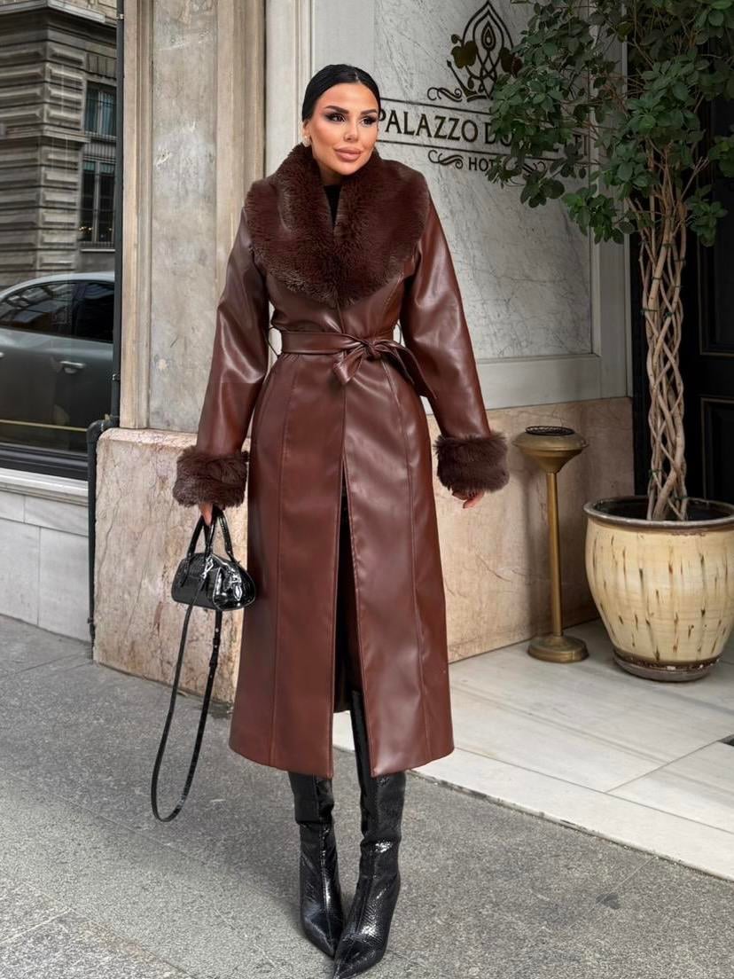 Leather Trench Fur Collar Coat