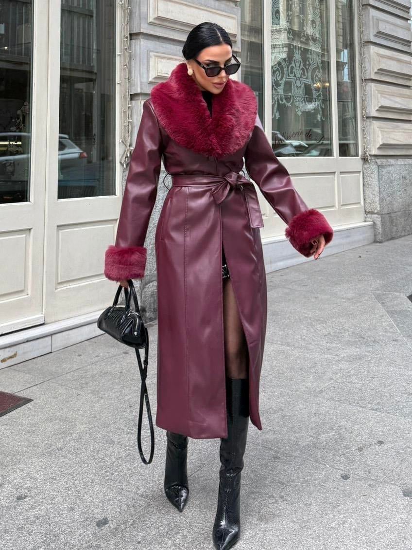 Leather Trench Fur Collar Coat