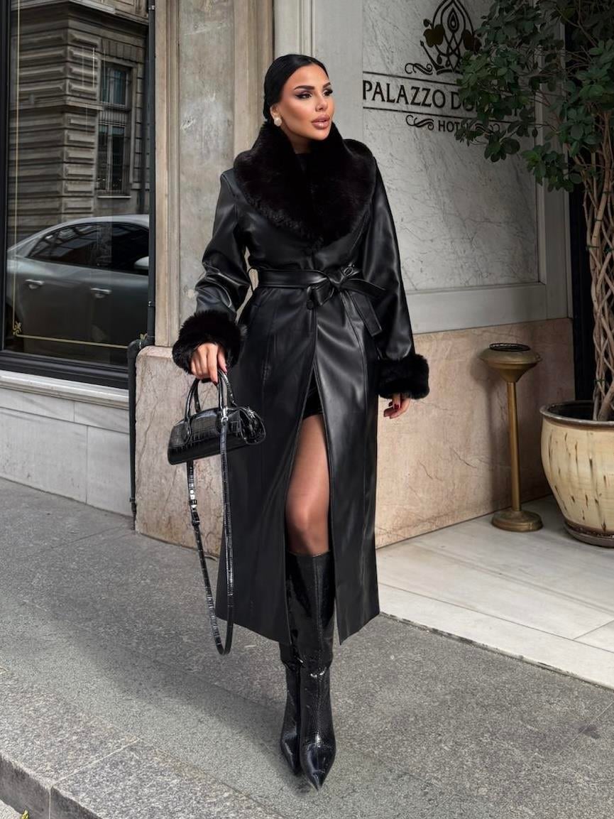 Leather Trench Fur Collar Coat